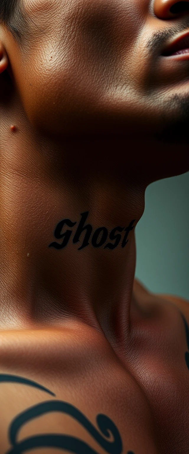 Close-up view of a tattooed neck of a muscular Indian man with beautiful jaw features, and the word "ghost" written on it. - Image