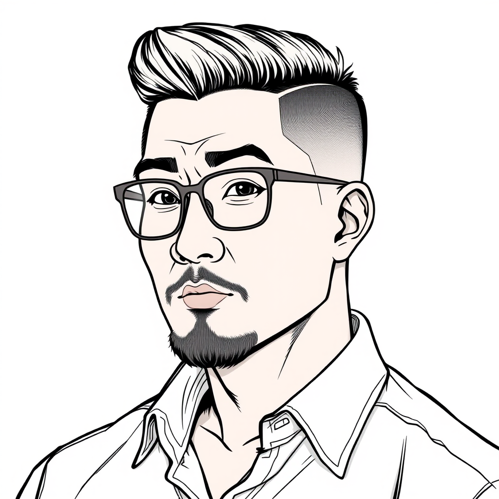 A charming line drawing of a Chinese male portrait around 35 years old, with a neat crew cut that conveys a strong masculine vibe. His physique is robust and powerful, exuding an undeniable masculine hormone presence. He wears a pair of framed glasses; he seems refined yet cannot hide his unruly nature. The short beard on his chin adds a touch of worldliness, enhancing his rough charm. He is dressed in a shirt with a slightly open collar, showcasing a casual and carefree rebellious elegance. His features are full and well-defined, not the frail type of a weak scholar, but marked by a rugged liveliness and an irresistible rascal charm.