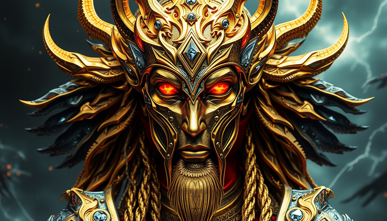 An insanely detailed divine Seth, in golden and silver colors, cyberpunk style, with diamond and onyx eyes, a crimson tinge to the golden color, hyper-detailed, omnipresent, beautiful, with sinister overtones, a clash of good and evil in the background promoting golden, silver, and crimson blacks, otherworldly. - Image