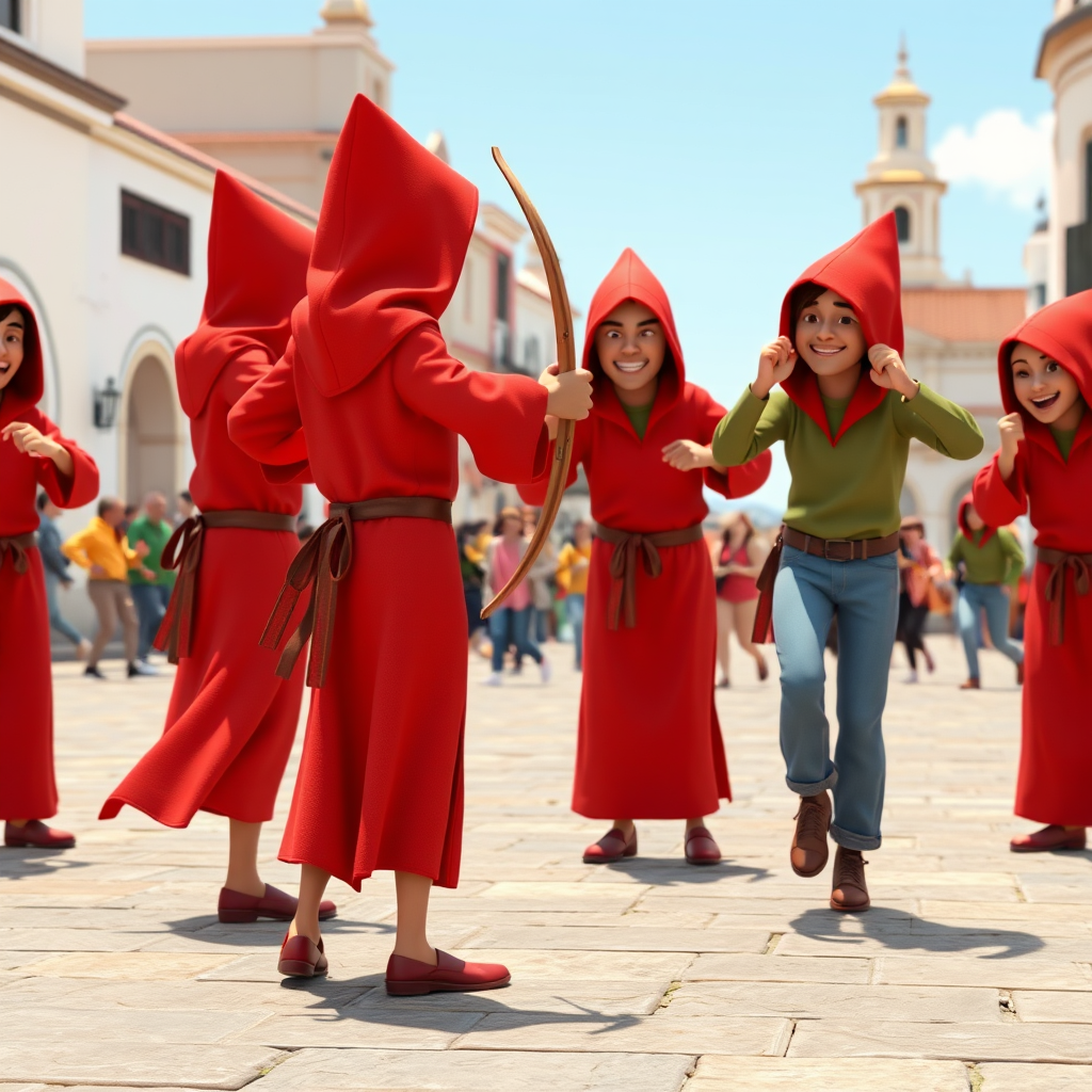 3D Pixar animation style illustration of a group of men dressed with red hoods over their heads and long red robes tied around their waists holding a bow in their hands. They form a circle for people to pass downtown in a square with lassos to whip them with their legs while people run away from them laughing and jumping to avoid the blows in a dramatization where everyone has fun. (Perfect hands), daylight, background: a colonial plaza in a colonial town in El Salvador.