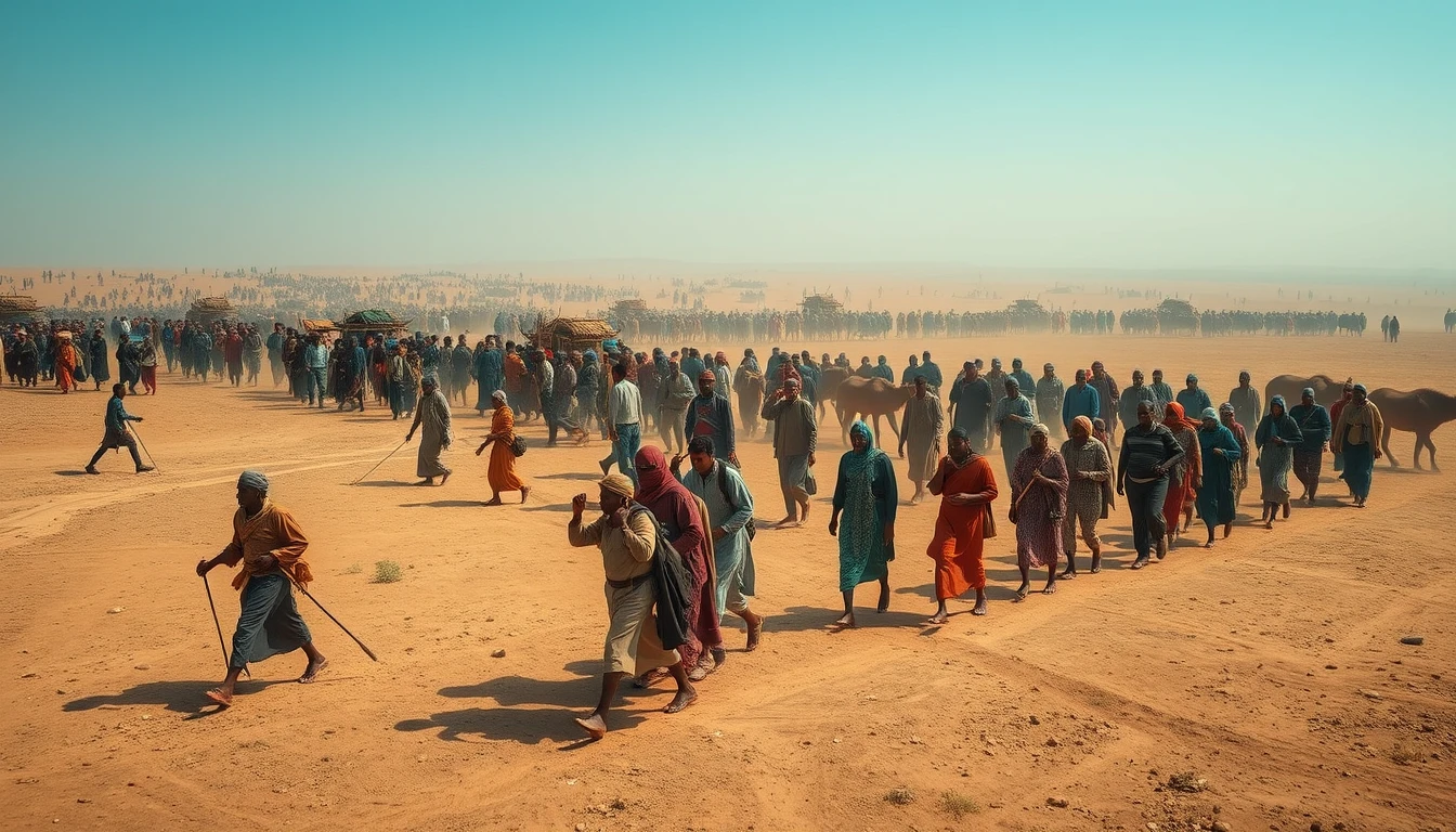 Photorealistic large group of different people migrating and traveling on flat land.