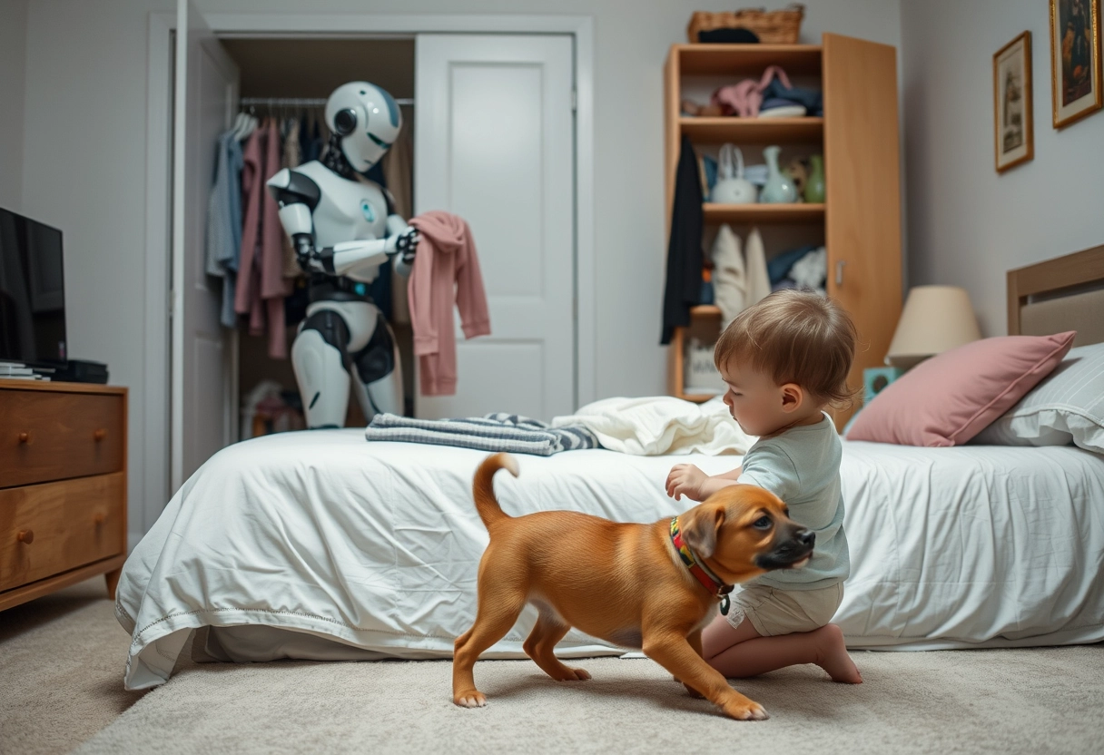 In the distance, there is a robot folding clothes in the bedroom, while a small child is playing and wrestling with a puppy nearby.