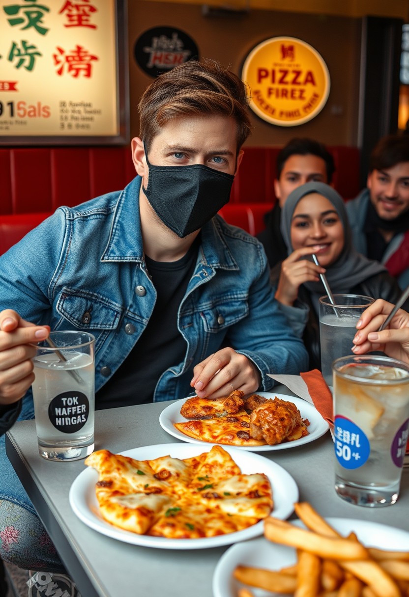 Jamie Dornan's head and body shot, handsome, young, black face mask, blue jeans jacket, jeans, dating a Muslim girl with a grey hijab, beautiful eyes, black face mask, black leather jacket, biggest floral skirt, at a hot pizza fast food restaurant, plate of cheese pizza slices, plate of Korean fried chicken and fries, glass of soft drink, eating with three other random smiling friends in the back, photorealistic, hyper-realistic, street photography.