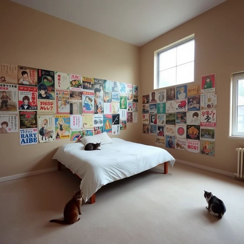 In a very large room, there is a bed, and one wall of the room is covered with many posters of Japanese manga, while the other walls are bare. There are two cats in the room, which has a window.