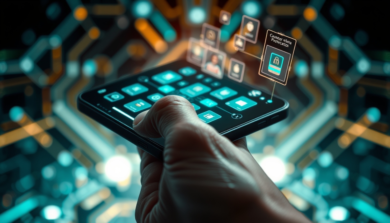 A close-up of a hand holding a futuristic smartphone, with holographic interfaces and glowing icons, set against a dark, tech-inspired background. - Image