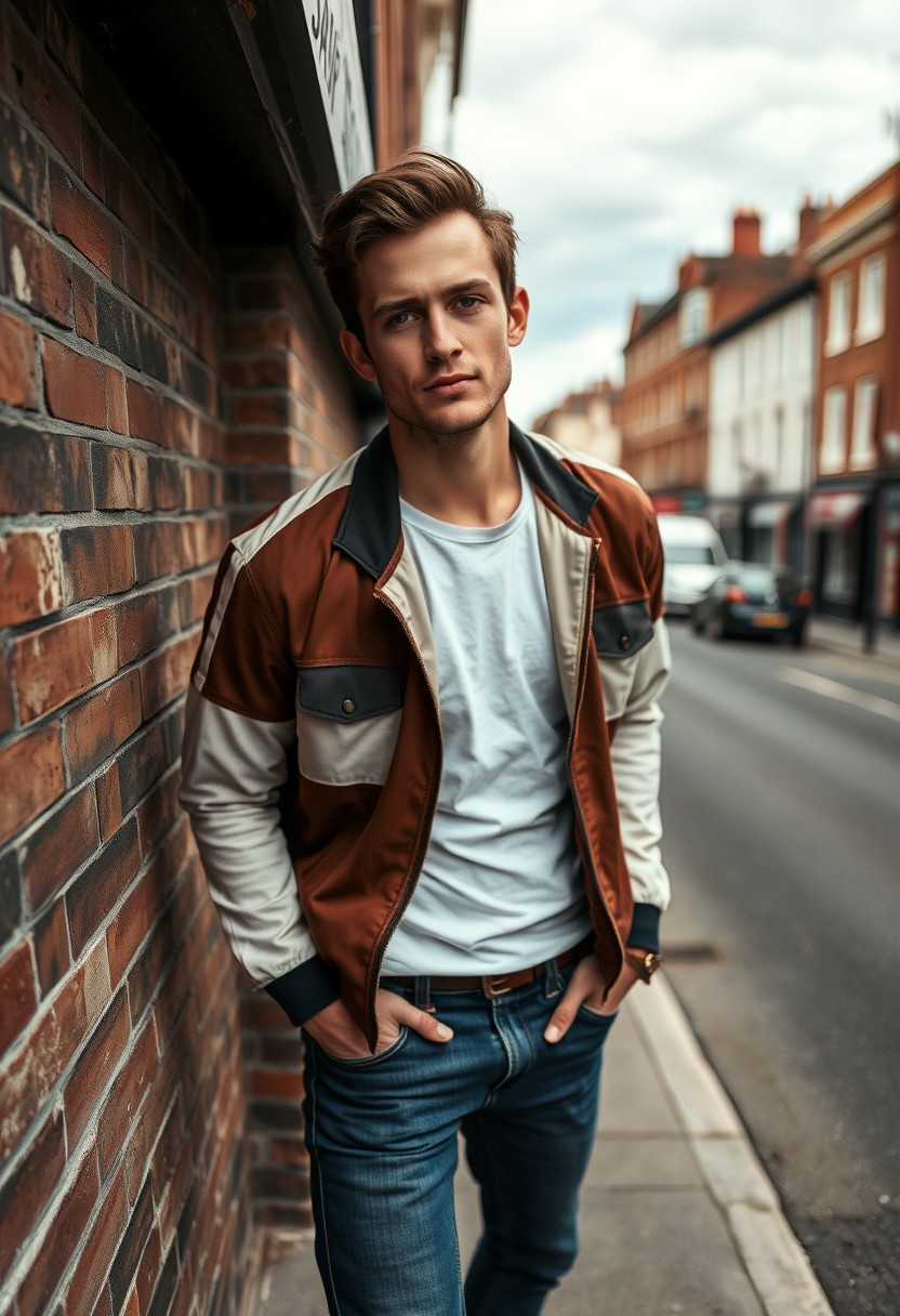 Jamie Dornan head and body shot, handsome, young, serious face, dark brown hair, white t-shirt, collage jacket, skinny jeans, sneakers, standing in a hot style, smile near town road, laying against a wall, hyper-realistic, street photography, brick wall, full body photo.