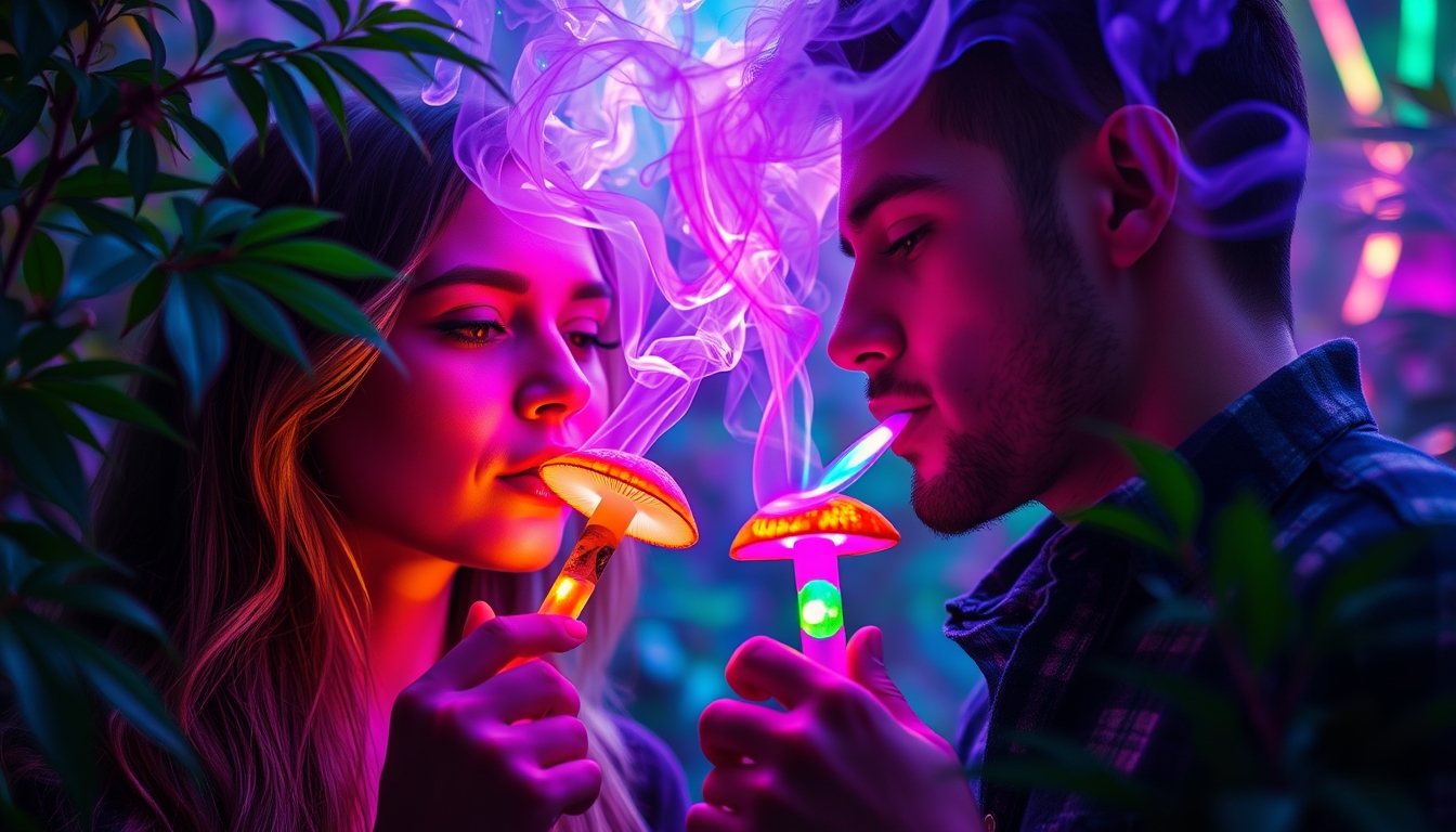 Close-up of the couple lighting up mushroom pipes; the smoke curling intricately in the air surrounding them with vibrant, swirling colors. The scene is focused on their entranced faces, eyes reflecting the kaleidoscopic colors of the smoke. Background foliage is slightly blurred, enhancing the hallucinogenic effect. A surreal and vibrant portrayal with rich greens, mystical purples, and neon shades accenting the setting. Incorporate elements of nature, futuristic technology, and psychedelic visuals with iridescent light trails and hazy glow, creating an otherworldly, dream-like atmosphere.