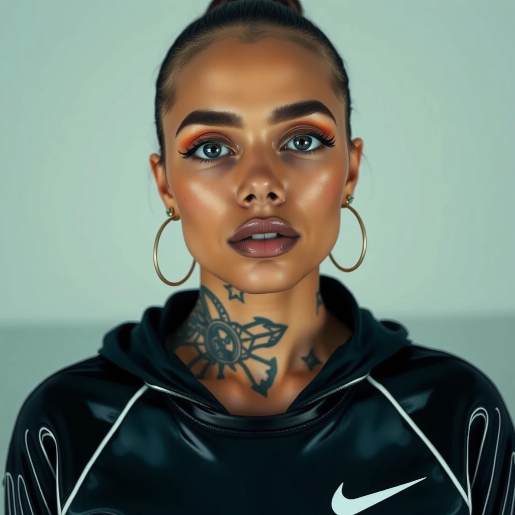 Symmetrical ultra close-up of a dope-faced tattooed woman model, dark mirror-glazed Nike sport outfit, minimalistic studio backdrop, by Alexander McQueen. - Image