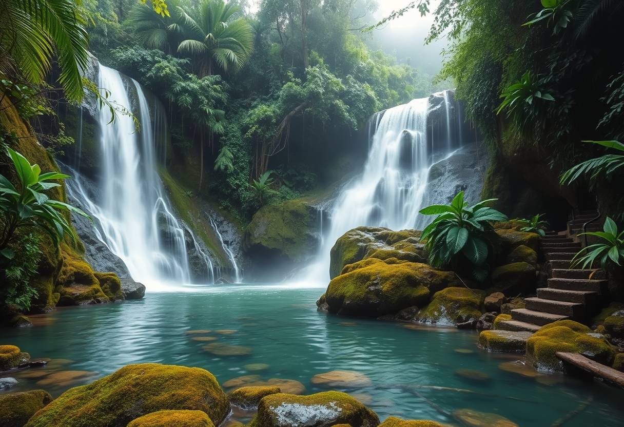 'waterfall, cascading, clear water, lush greenery, high quality, photorealistic, hidden oasis, serene, rainforest, breathtaking, secluded::0.8 moss-covered rocks, tropical plants, natural pools, jungle trails, mist, '