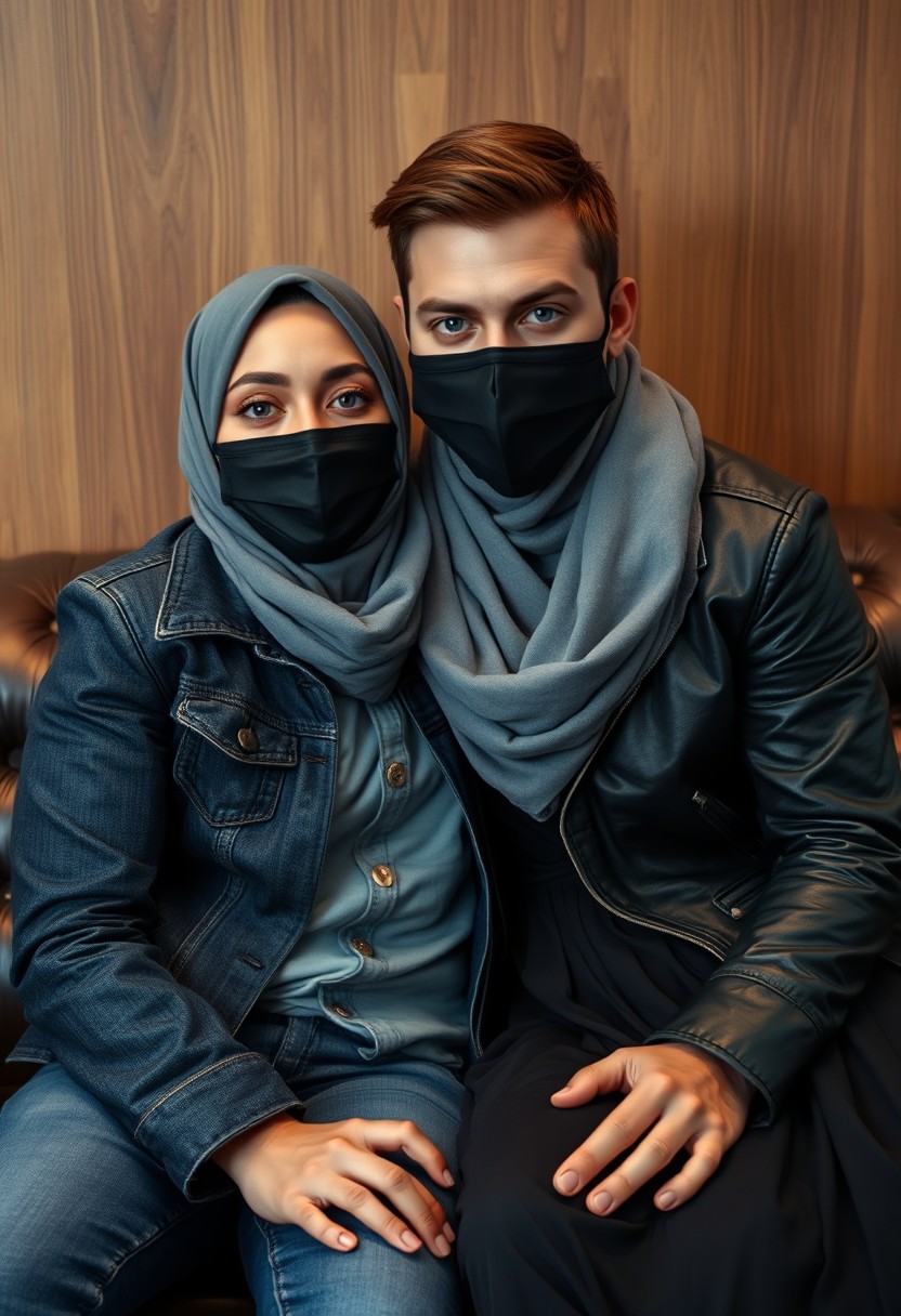 Jamie Dornan's head and body shot, handsome, black face mask, denim jacket, jeans, dating, couple, with the biggest grey hijab Muslim girl, beautiful eyes, black face mask, black leather jacket, largest skirt, hyper-realistic, studio photography, sitting on a classic leather sofa, wooden wall, selfie.