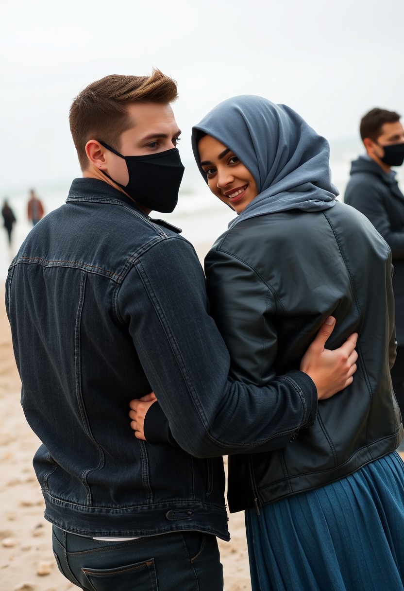 Jamie Dornan's head and body shot, handsome, black face mask, jeans jacket, jeans, dating, love couple, hug from behind, with the biggest grey hijab Muslim girl, black face mask, beautiful eyes, black leather jacket, largest skirt, at the beach, hyper-realistic, street photography, selfie. - Image