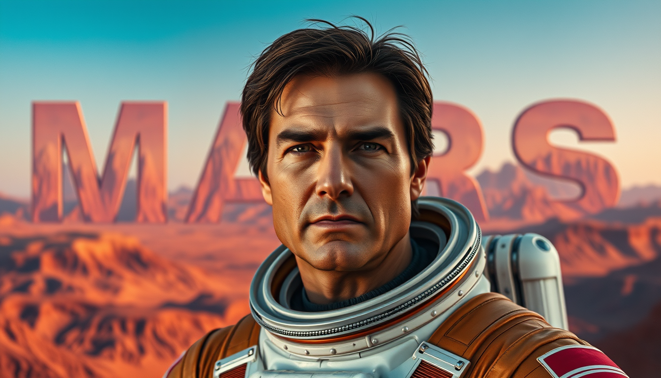 Cinematic image of a portrait of Tom Cruise as an astronaut on Mars, showcasing the beauty of Martian topography with mountains and canyons in the background. The sky is bluish at the top and reddish at the bottom, and in the background, the mountain shapes form the letters "MARS" with their natural topography. --aspect 4-11