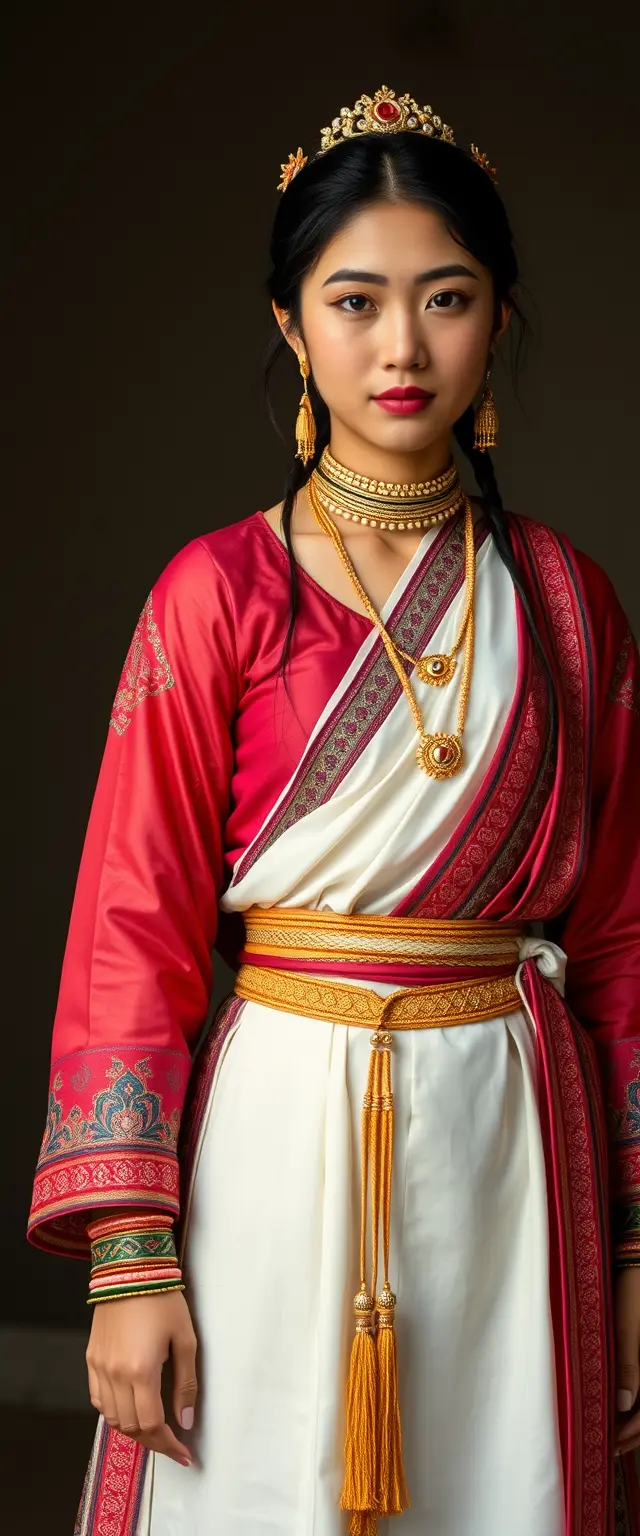 The description highlights the characteristics of traditionally dressed women embodying a blend of Korean and Indian cultures, featuring prominent physical traits and adorned with gold jewelry around their waist and neck. - Image