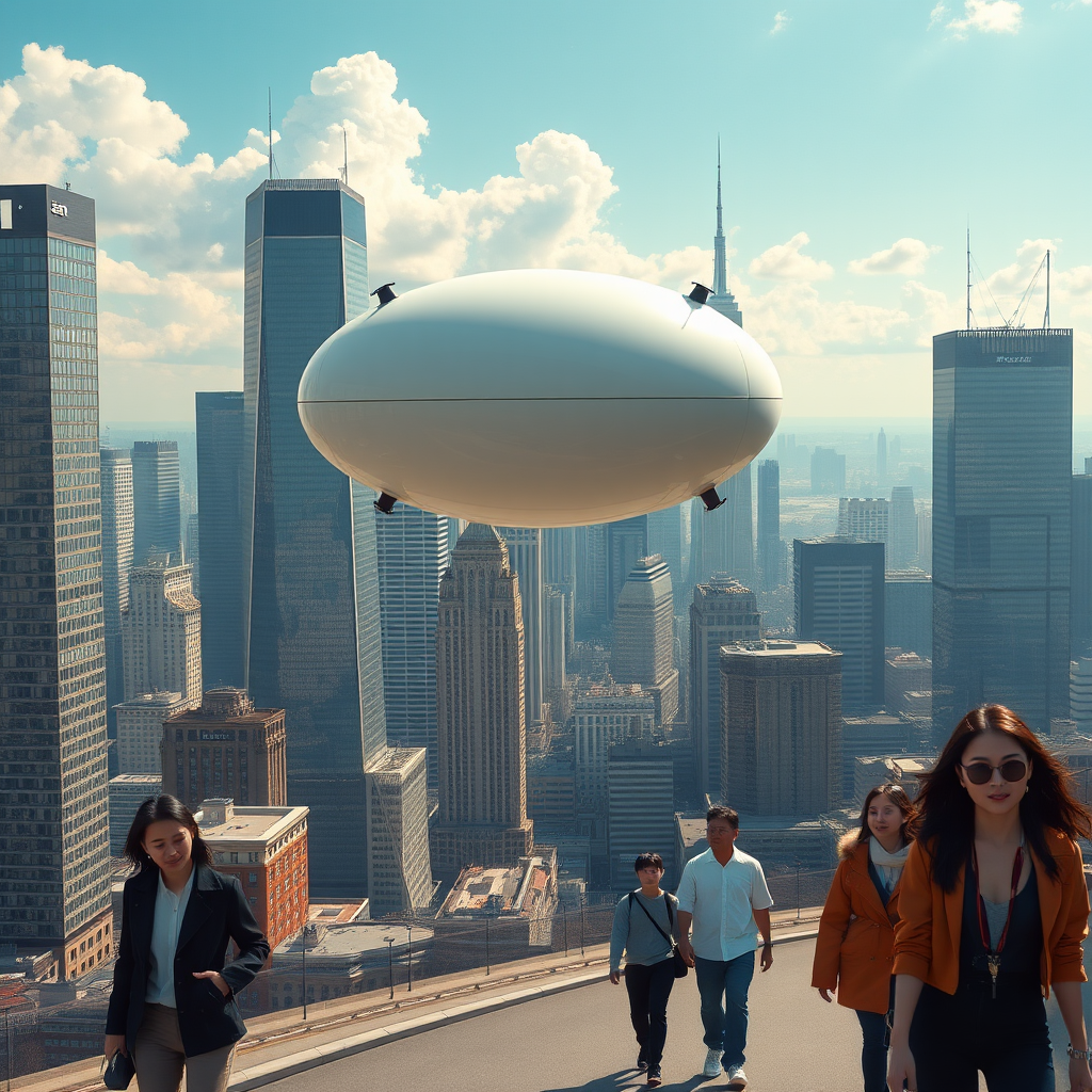 Create a stunning high-resolution image of the city of the future. The skyline should be filled with towering skyscrapers. Includes a light colored oval balloon type robot flying rapidly through the air with tiny black balancers on either side of the balloon. There are some people walking on the street, Asian faces, wearing fashionable and avant-garde clothes, laid back and pleasant atmosphere. The visual focus of the image highlights small balloon-type robots patrolling the air for safety, very beautiful clouds, and beautiful sunlight reflecting off the glass surfaces of buildings, creating an atmosphere of excitement and innovation. Very sharp and realistic details, 32K, overlooking the city. Very sharp and realistic details, 32K, overlooking the city. - Image