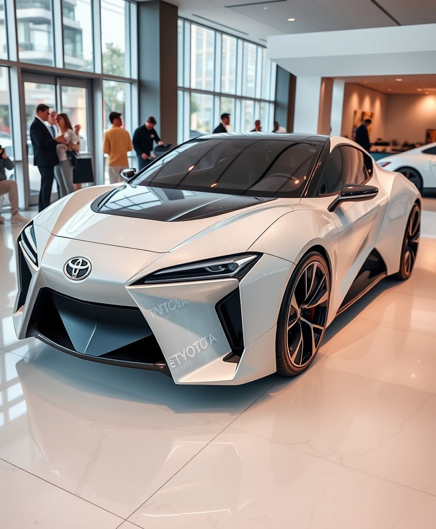 Ultra HD photo of a futuristic Toyota concept car, focusing on a resale view. The car has a sleek, aerodynamic design with smooth, flowing lines and a low, aggressive stance. It features a bold front grille with the Toyota logo, distinctive LED headlights, and large, stylish black alloy wheels. The body is painted in a glossy white color with black accents. The car is positioned in a modern indoor showroom with polished floors, large windows, and contemporary decor. There are people in the background admiring the vehicle, adding to the luxurious ambiance. The scene is well-lit, highlighting the vehicle's glossy. - Image