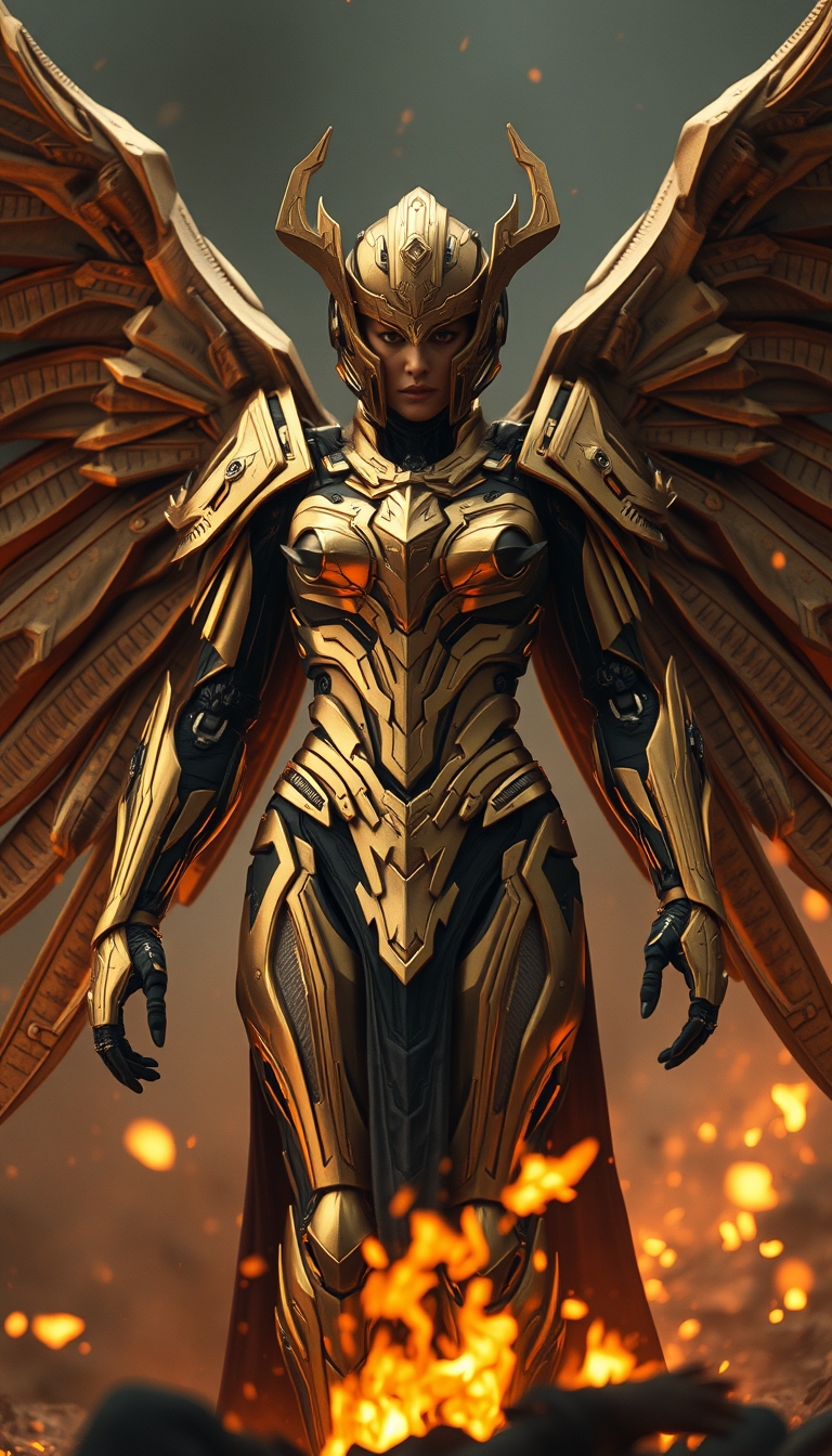 Cinematic shot of a cyborg female battle angel rising from ashes, golden regal Valkyrie armor, futuristic, full helmet, standing on a battlefield, movie scene, film grain, realistic, shot from below, dark lighting. - Image