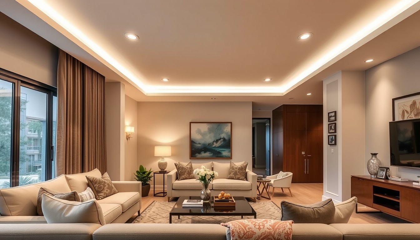 Modern American-style decoration, indoor photography, photographic works, professional photography, warm interiors, exquisite furniture, cozy lighting, high definition. Illuminated recessed lights. - Image