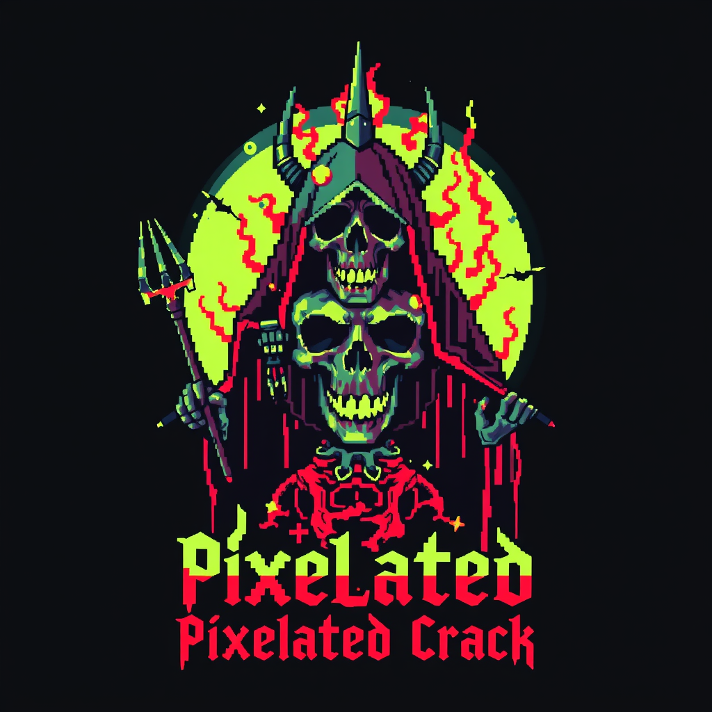 T-shirt design featuring a blocky, colorful 8-bit style of a death metal band fused with chiptune elements. The visual should be unique and striking yet macabre, combined with beauty, and the band name is "Pixelated Crack." - Image