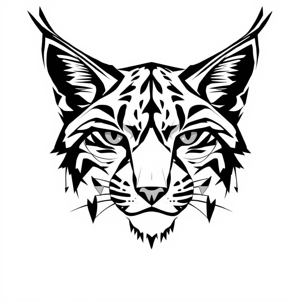 Illustration of a Lynx head made out of abstract shapes, black and white. - Image