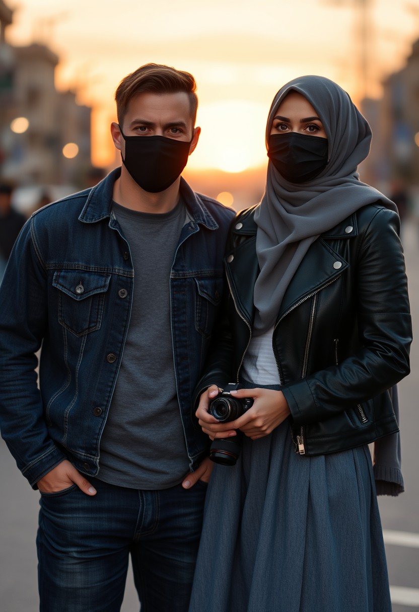 Jamie Dornan's head and body shot, handsome, black face mask, denim jacket, jeans, dating, love couple, with the biggest gray hijab Muslim girl, black face mask, beautiful eyes, black leather jacket, largest skirt, holding a Canon DSLR camera, sunset, hyper-realistic, street photography.