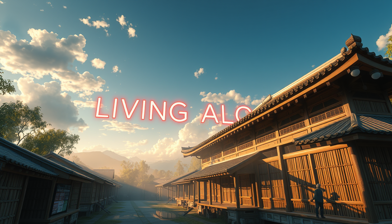 Anime 3D style of a wide drone view of bamboo huts in an old pagoda in the early morning, super detailed and warm, sunlight, clouds moving. Text "LIVING ALONE" in neon in the sky, very large and impactful. - Image