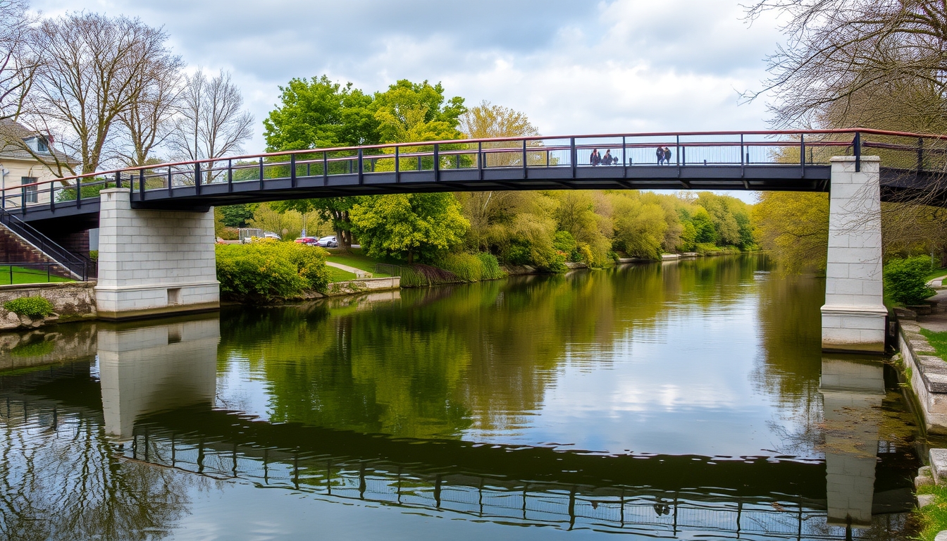 A serene river scene with a glass-bottomed bridge crossing over it.