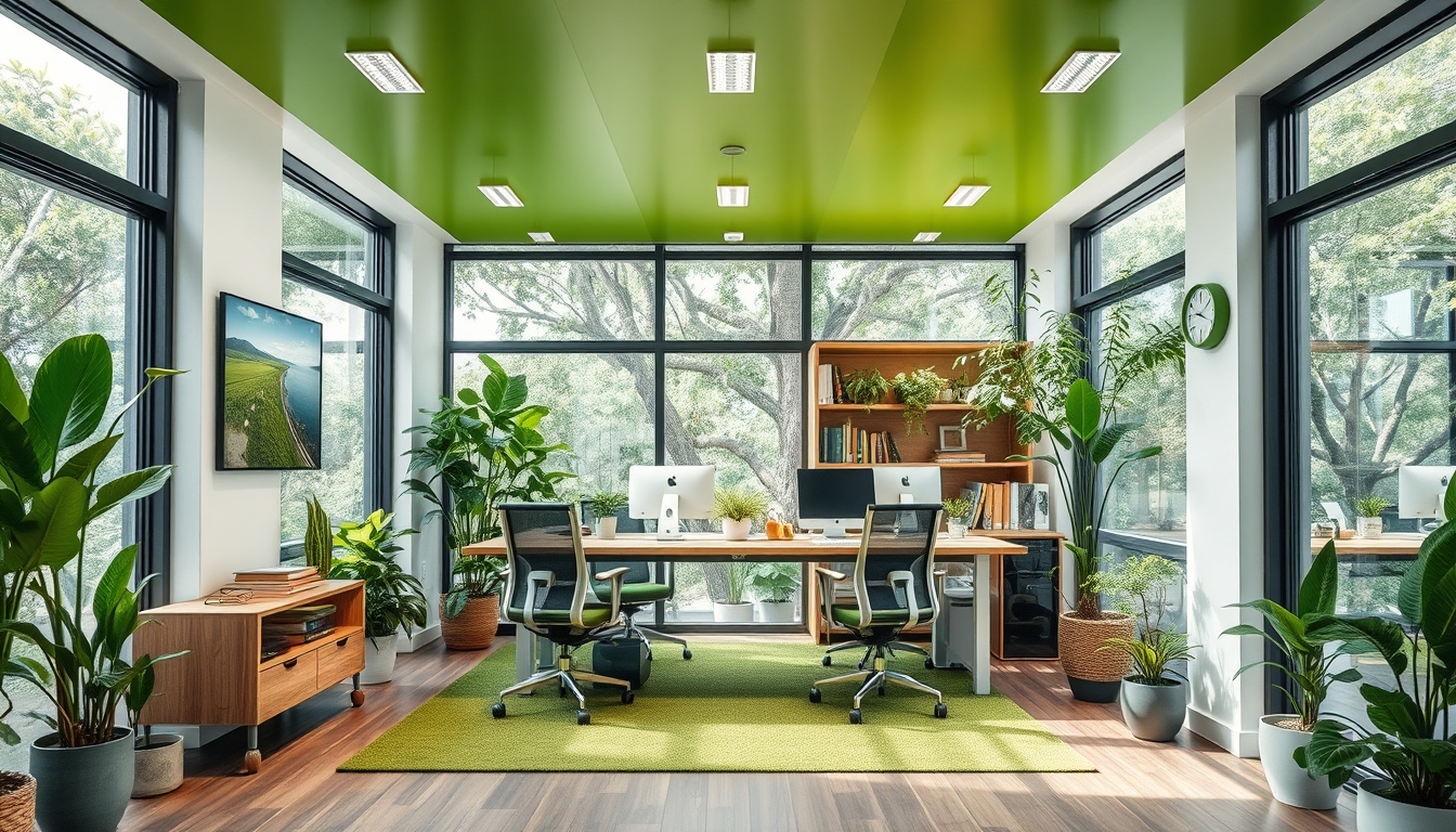 Green tech startup office with eco-friendly design, representing sustainable business. - Image