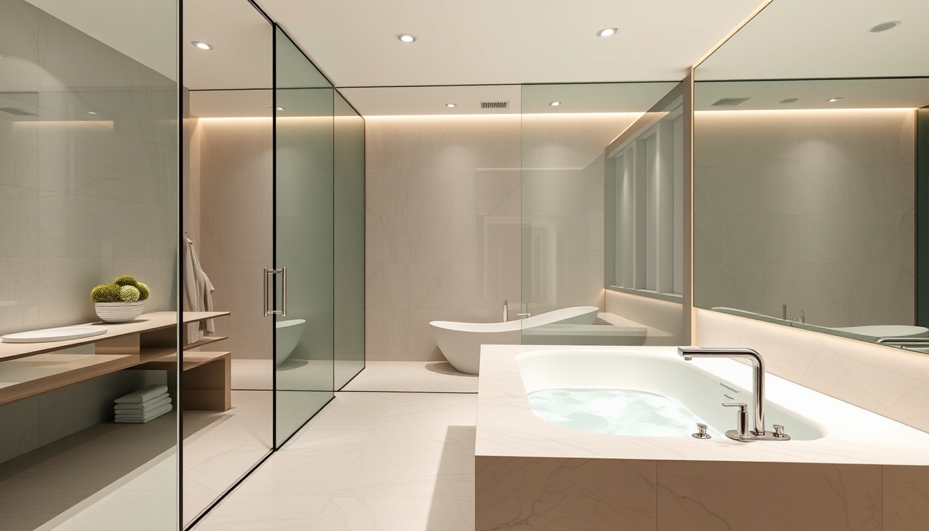 A sleek modern bathroom with glass walls and a luxurious soaking tub.