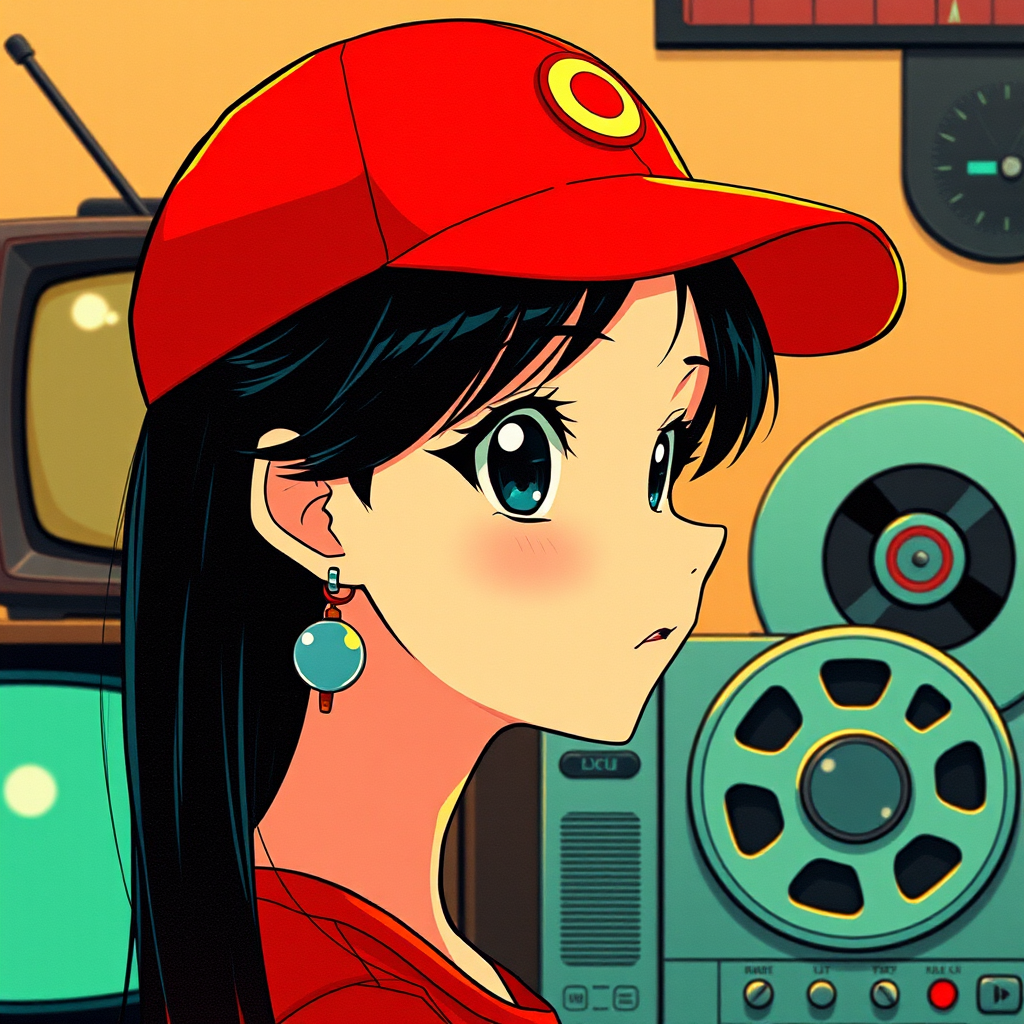 The image features an animated female character in a close-up profile view. She has large, expressive eyes, dark hair, and is wearing a red baseball cap with a circular emblem on the front. Her ears are adorned with multiple earrings, and she appears contemplative or daydreaming. The background includes retro technology elements, specifically an old-fashioned television and a reel-to-reel tape recorder with visible spools and VU meters. The color palette is vivid with a dominance of reds, greens, and yellows, and there is a distinct graininess to the texture, suggesting a vintage, nostalgic atmosphere. The style is reminiscent of 1980s anime and could be inspired by the works of Japanese directors like Hayao Miyazaki or the aesthetic of "Akira" by Katsuhiro Otomo. The overall effect evokes a sense of retro-futurism and introspection.

‘Tech spec’: Size: 1300x768 pixels; Resolution: Appears to be high, with clear details and defined edges; Camera angle: Straight-on profile view; Lighting: Appears to be artificial, flat with soft shadows, contributing to the illustrative quality; Lens: Not applicable as this is a digital illustration. - Image