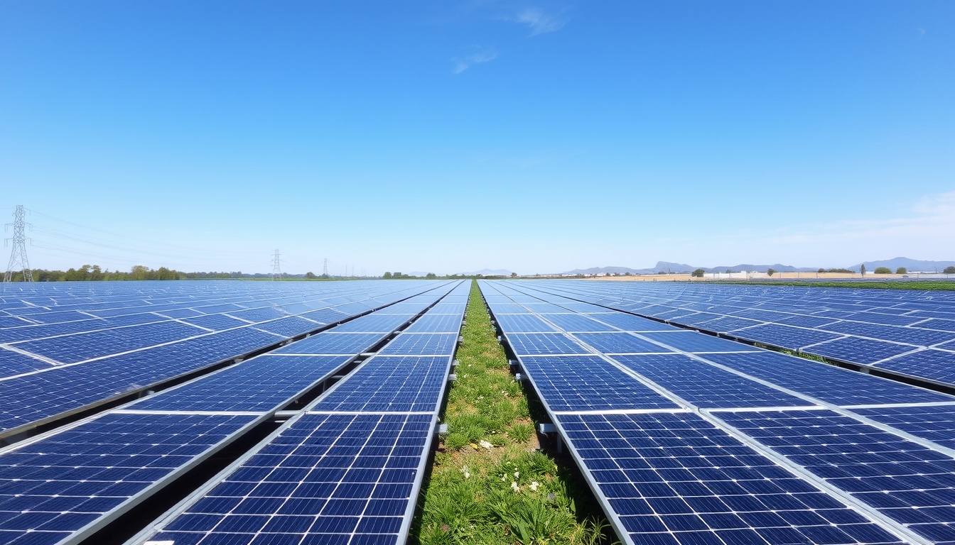 Solar farm with rows of solar panels stretching towards the horizon under a clear sky. - Image