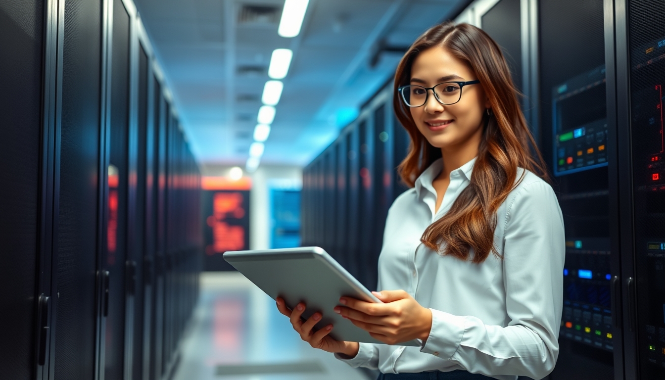 Young woman standing in a modern server room with a tablet computer, checking data storage operations and server functionality for business IT infrastructure and big data management. - Image