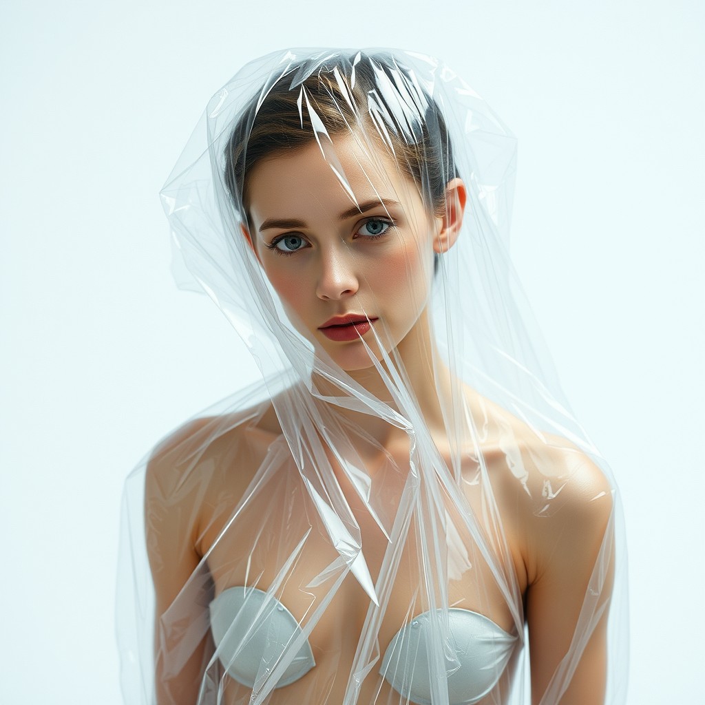 Millie Bobby Brown in clear plastic wrap, full body. - Image