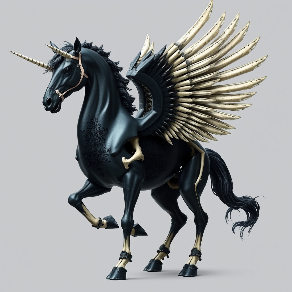 A black Pegasus, of which white bones are exposed. - Image