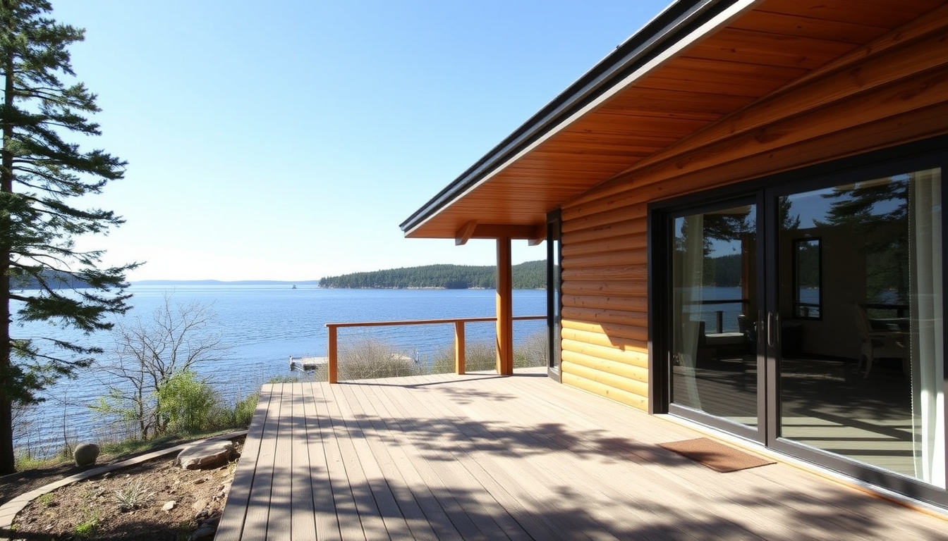 A serene lakeside cabin with a glass front, offering an unobstructed view of the water.