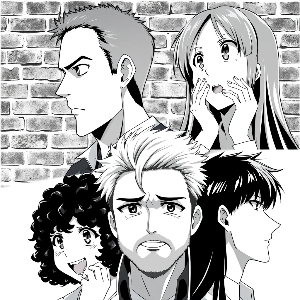 Anime-style black and white collage of five characters. Center-left: man with short hair facing right, serious expression. Top-right: long-haired woman facing left, looking up with surprise. Bottom-left: curly-haired woman facing right, smiling, hand on cheek. Bottom-right: long-haired woman facing left, laughing joyfully. Center-right: bearded man facing left, contemplative expression. Brick wall background. Close-up headshots with varied expressions. Dramatic lighting, expressive anime eyes and features. Monochrome palette. Characters arranged in asymmetrical composition.