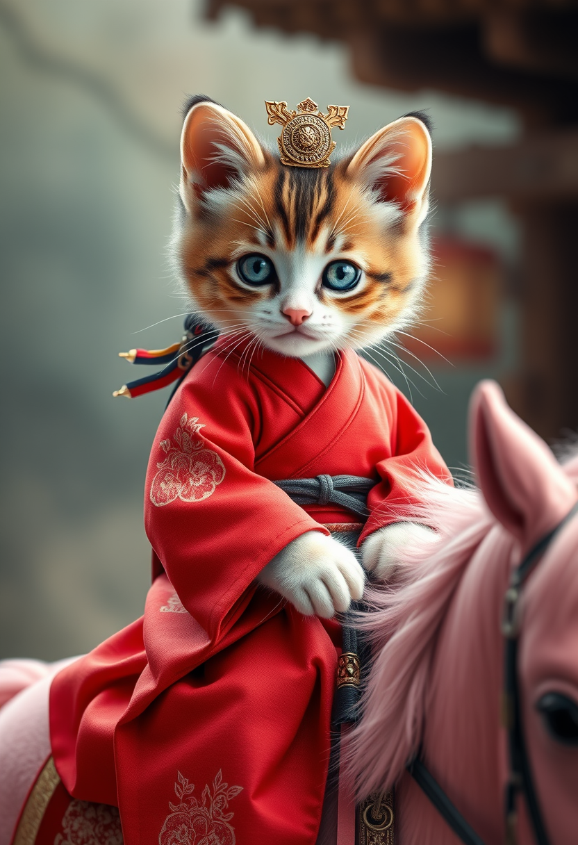 Photorealistic, photographic, high resolution, high detail, 8K, cute kitten as Japanese Warring States Period princess, wearing red kimono riding pink horse, style raw. - Image