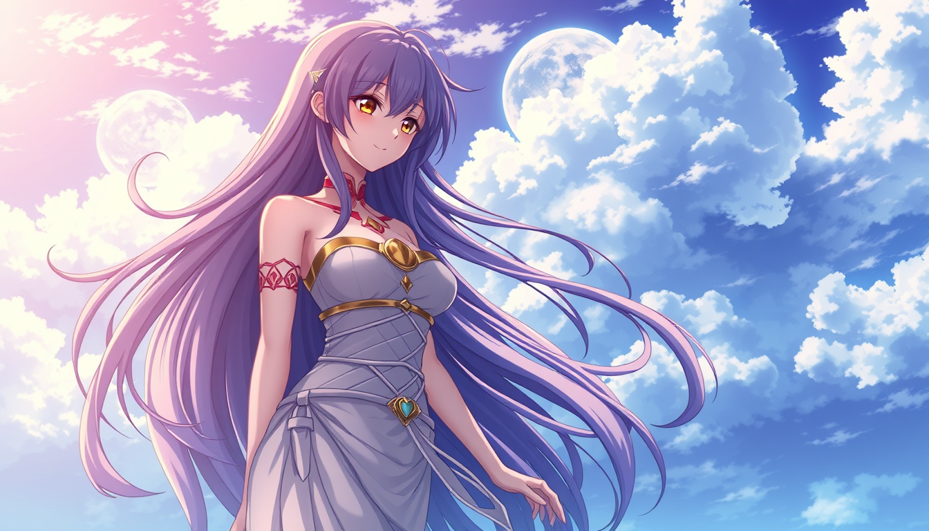 Anime art of a motherly goddess with long hair, natural reflection, detailed body, standing in a wallpaper anime background, showcasing stunning details, with illustration quality suitable for Windows wallpaper download.