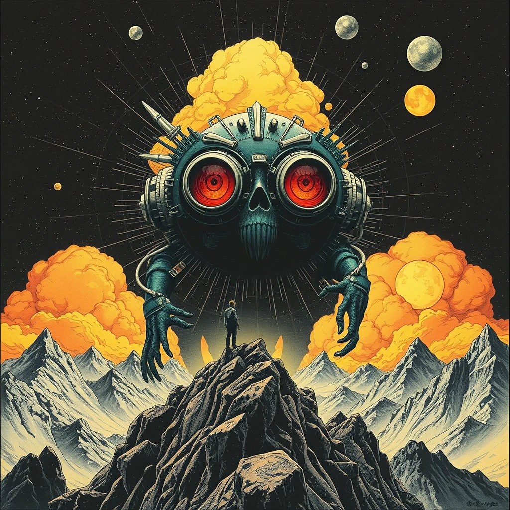 perspective pop rock fluorescent collage sci-fi steampunk machinery extra dust particle cloud octane render and paper art ink art Méliès, Jules Verne, big eyes creature from hell, burning mountain, sad human climbing the sky