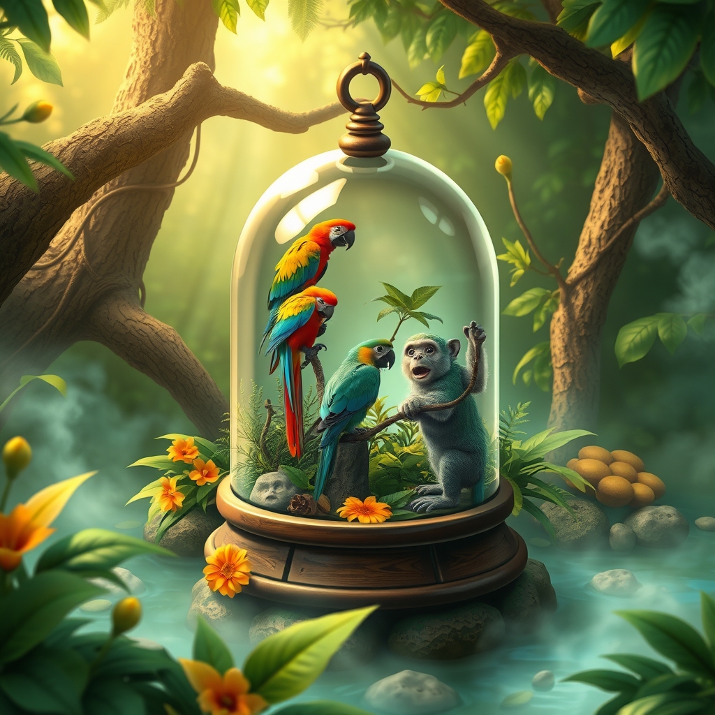 A magical rainforest scene with a glass dome containing parrots and monkeys. - Image