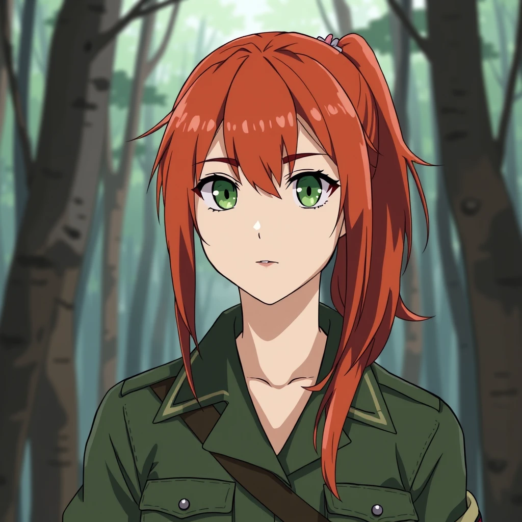 Red-haired girl in the forest, green eyes, ponytail, calm and serious, military uniform, in the style of Conrad Roset, Honkai Star Rail, Yoneyama Mai. - Image