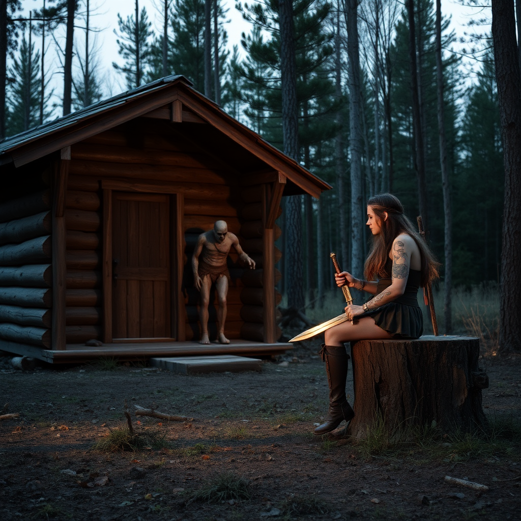 Real-life photography: In the evening, in the forest, there is a wooden cabin, and next to it, there is a zombie. Not far away, a female barbarian is sitting on a wooden stump, holding a dagger and watching the zombie. Real-life photography: In the evening, in the forest, there is a wooden cabin, and next to it, there is a zombie. Not far away, a female barbarian is sitting on a wooden stump, holding a dagger and watching the zombie.