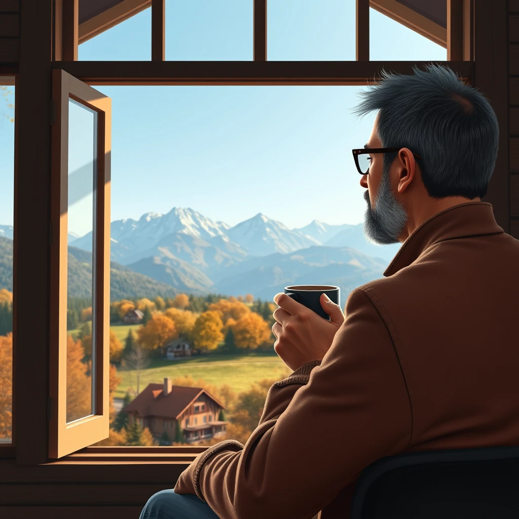 "Please realistically depict the back view of a man in his early 40s sitting in a house like a café in the mountains, looking at distant mountains through a large window while drinking coffee from a mug. He is 174 cm tall and weighs 80 kg, wearing glasses and sporting a short 3 mm beard only under his nose and below his mouth. He has no beard under his left and right jawlines. It is autumn, and there are low mountains scattered beyond the main mountains, with about five very small houses visible at the foot of the mountains."