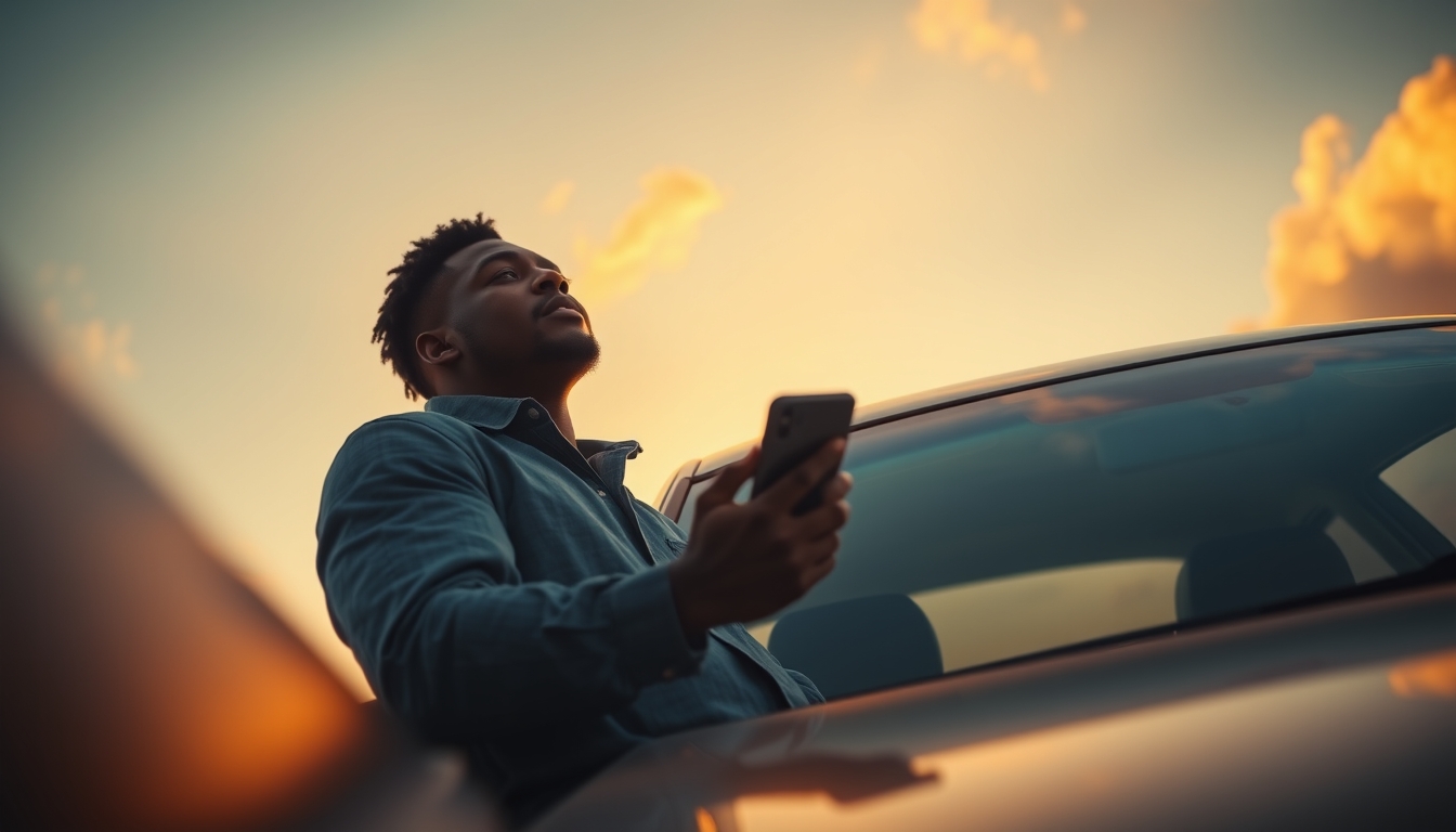 A young black man leaning against his car at sunset in the Bahamas listening to a podcast on his phone. Dramatic lighting. Low angle view. - Image