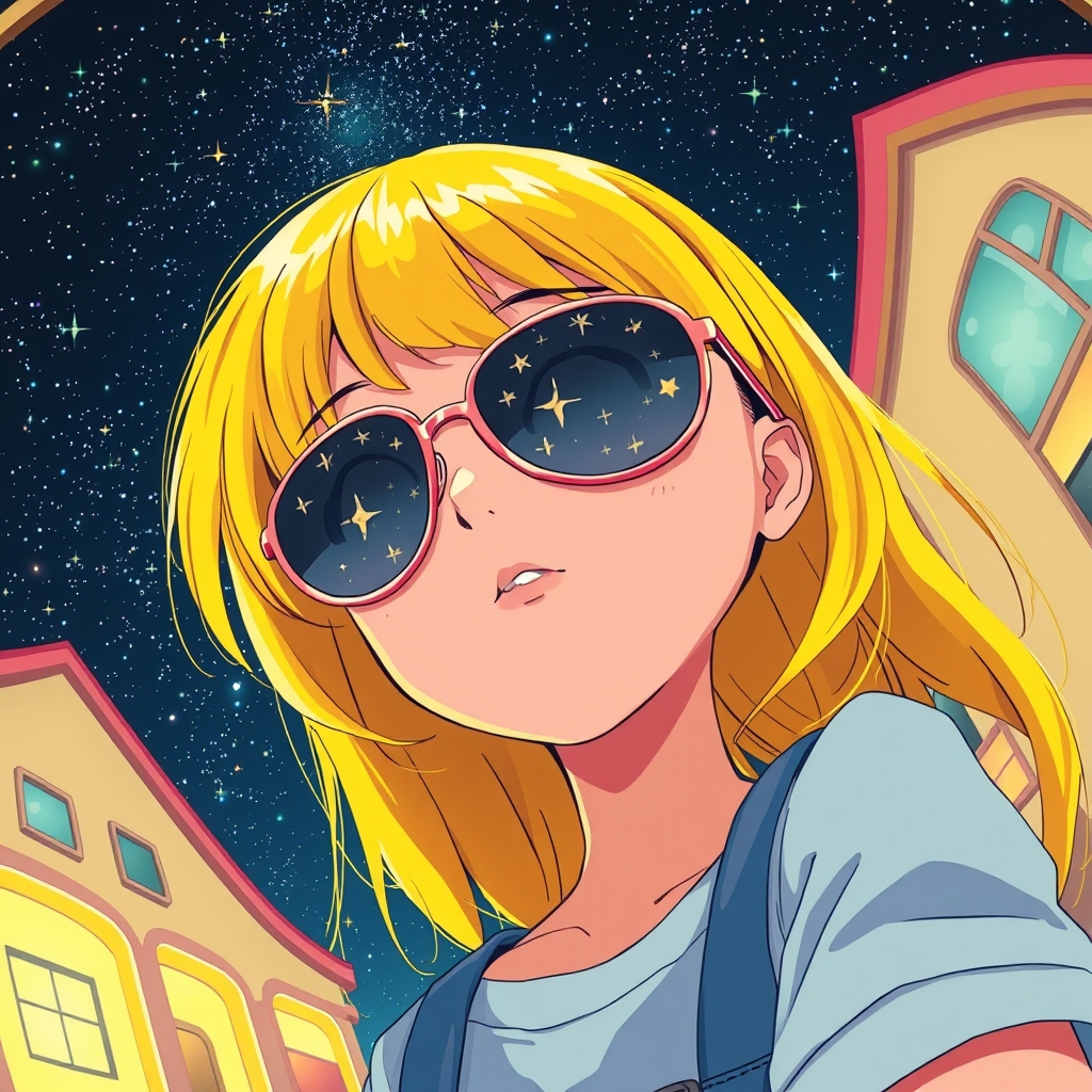 A beautiful retro anime scene depicting a teenage girl with yellow hair and big sunglasses reflecting stars, looking into the starry night. Slight fisheye lens perspective.