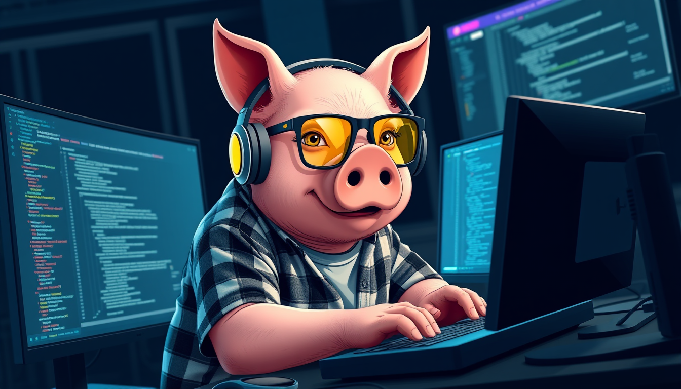 A tech-savvy pig coder, wearing yellow-tinted glasses and sleek noise-cancelling headphones, hunches over a cutting-edge multi-monitor setup. The anthropomorphic pig exudes focus, typing furiously while dressed in a plaid t-shirt.