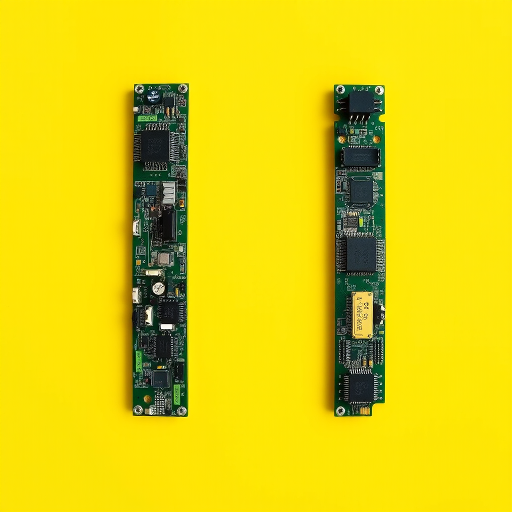 A letter "I" made of a computer motherboard, yellow background, realistic photograph.