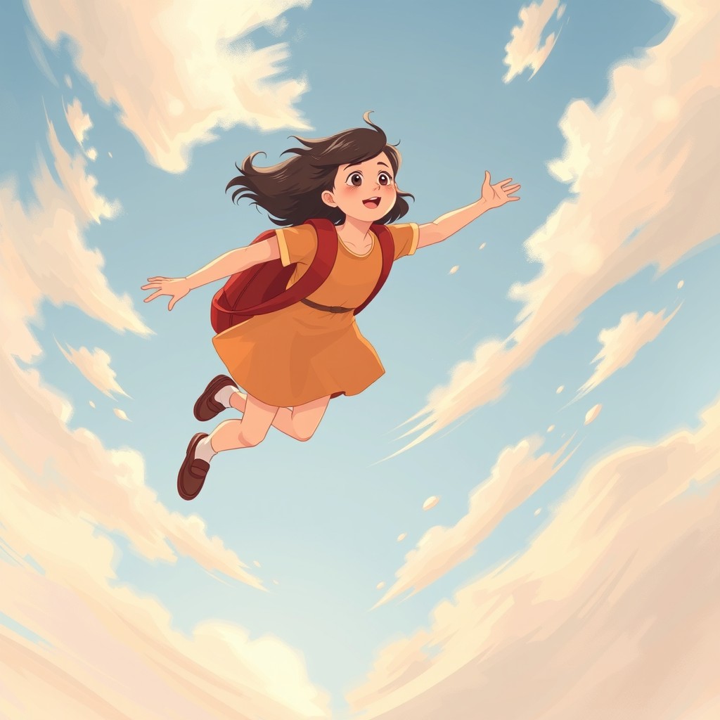 A girl is flying in the sky because she was late for school.