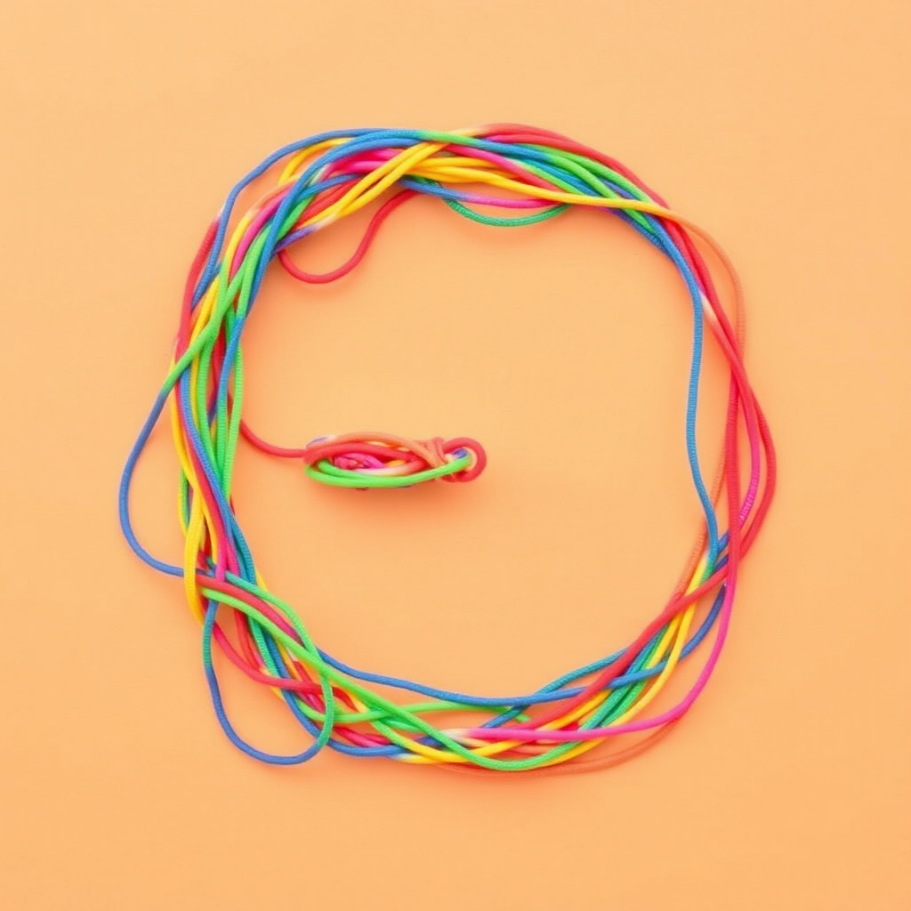 A letter "E" made of twisted colorful elastic bands on a light orange background, realistic photograph.