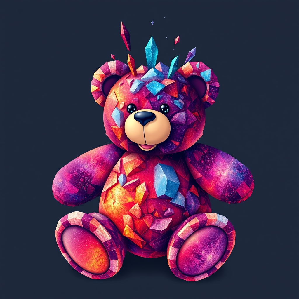 A tee shirt design of a teddy bear whose entire body, ears, and head are perfectly made of a beautiful jagged mineral that looks reminiscent of the universe with uneven colorful shards sticking out. Striking and beautiful, with deep blues and purples contrasting with vibrant reds and orange. - Image