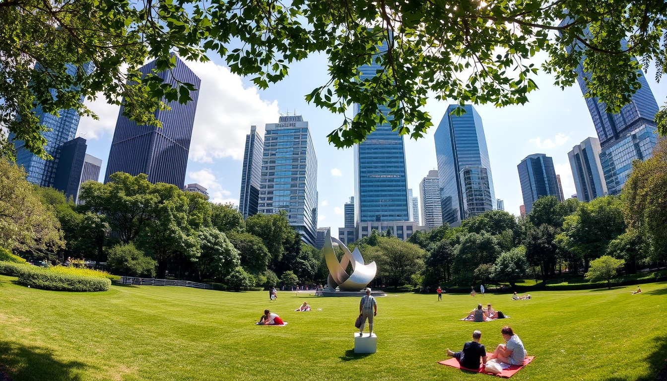 A wide-angle view of a city park with lush greenery, modern sculptures, and people relaxing on the grass, surrounded by skyscrapers.